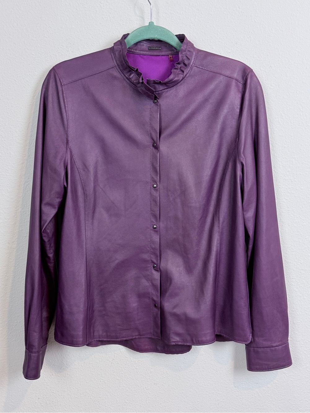 Elie Tahari Plum Lamb Leather Ruffle-Neck Snap Up Shirt Jacket M